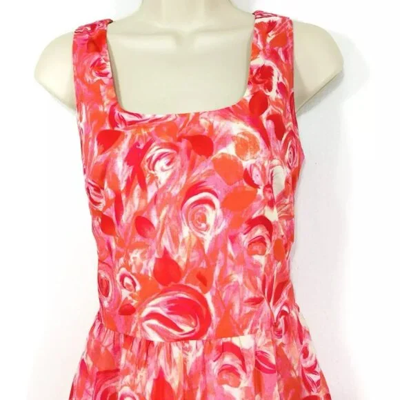 Garnet Hill Floral Dress Women’sSz 10 Watercolor Roses Pink & Red Lined Side Zip